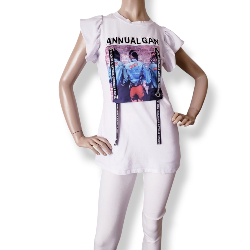 White Graphic Print Ribbon Tee with Ruffle Flutter Sleeves - Picture 8 of 8